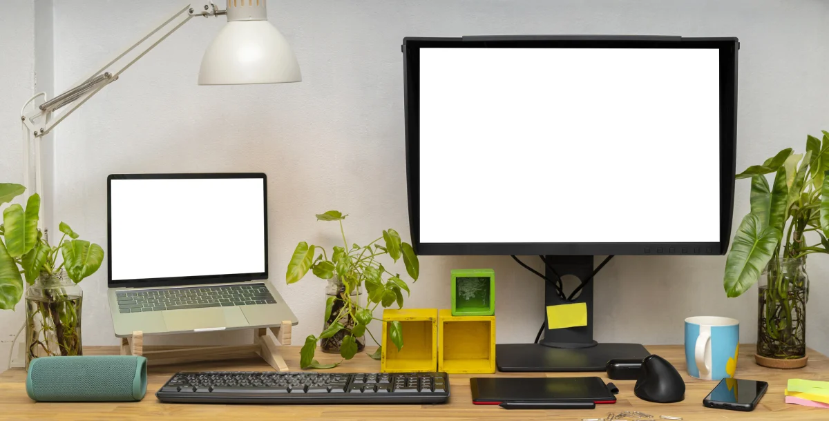 Pracovní prostředí s notebookem a externím monitorem / Foto: Depositphotos